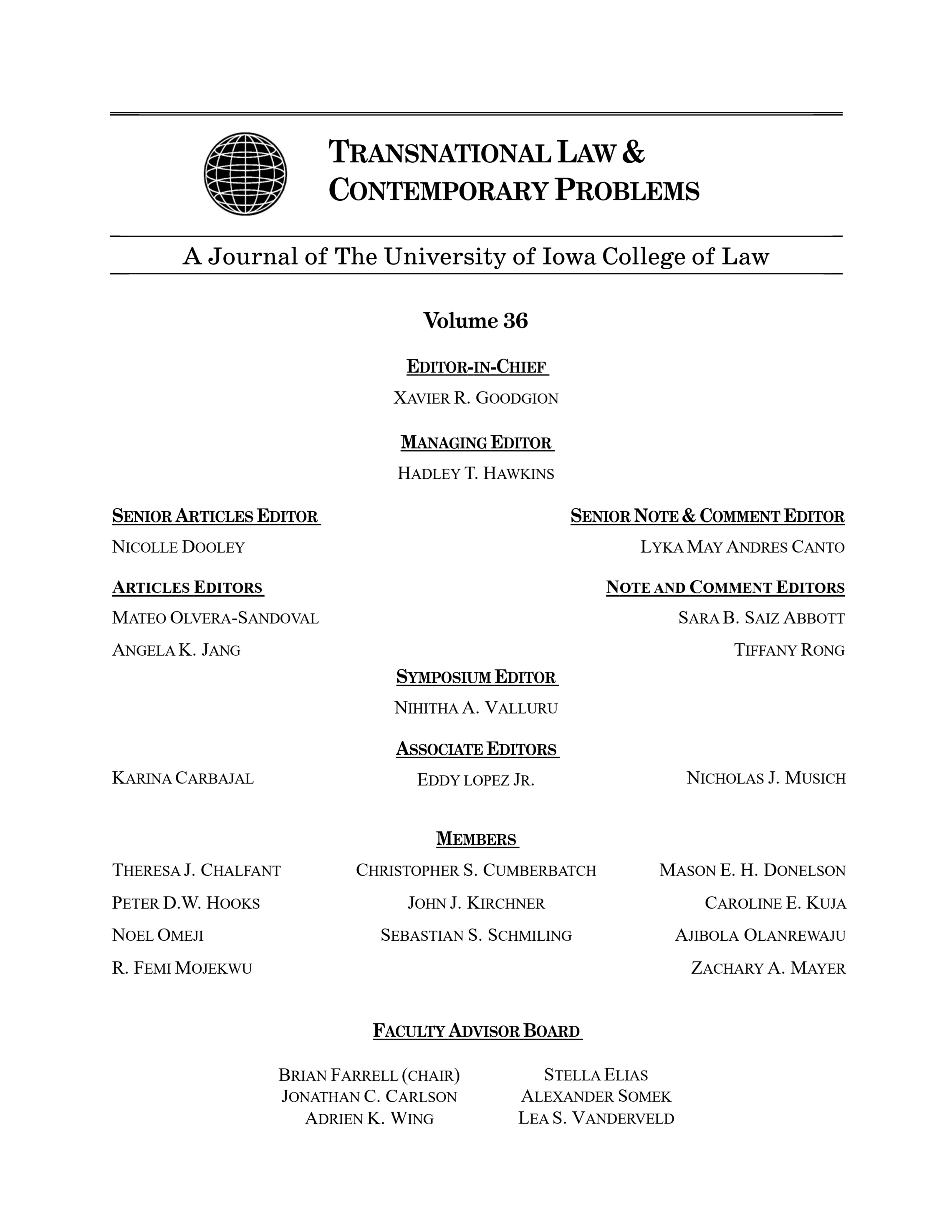 Masthead of Volume 36 Editorial Board for Transnational Law & Contemporary Problems